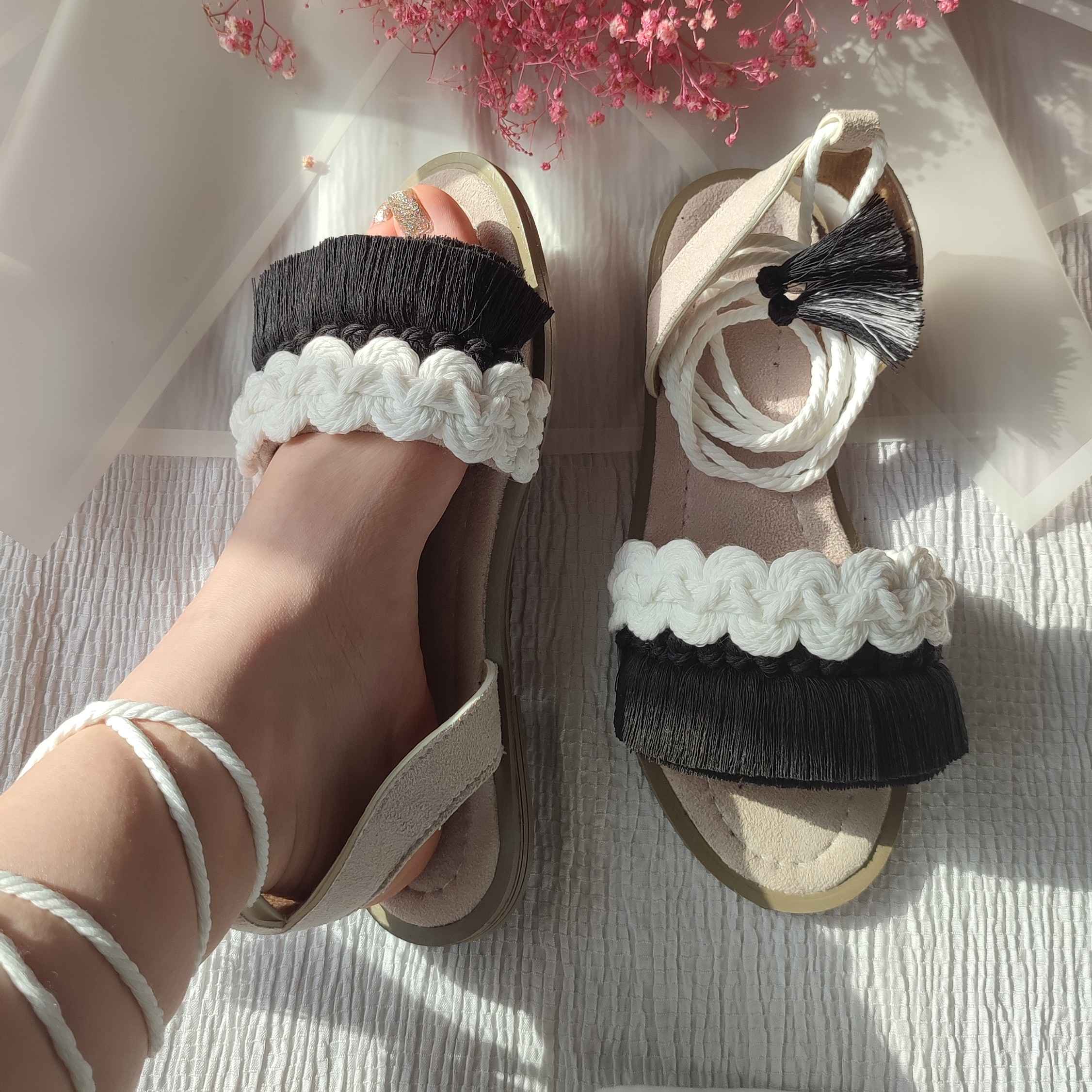 Price and Buy Macrame Sling Back Sandals Handmade Model Black & White - Image 3