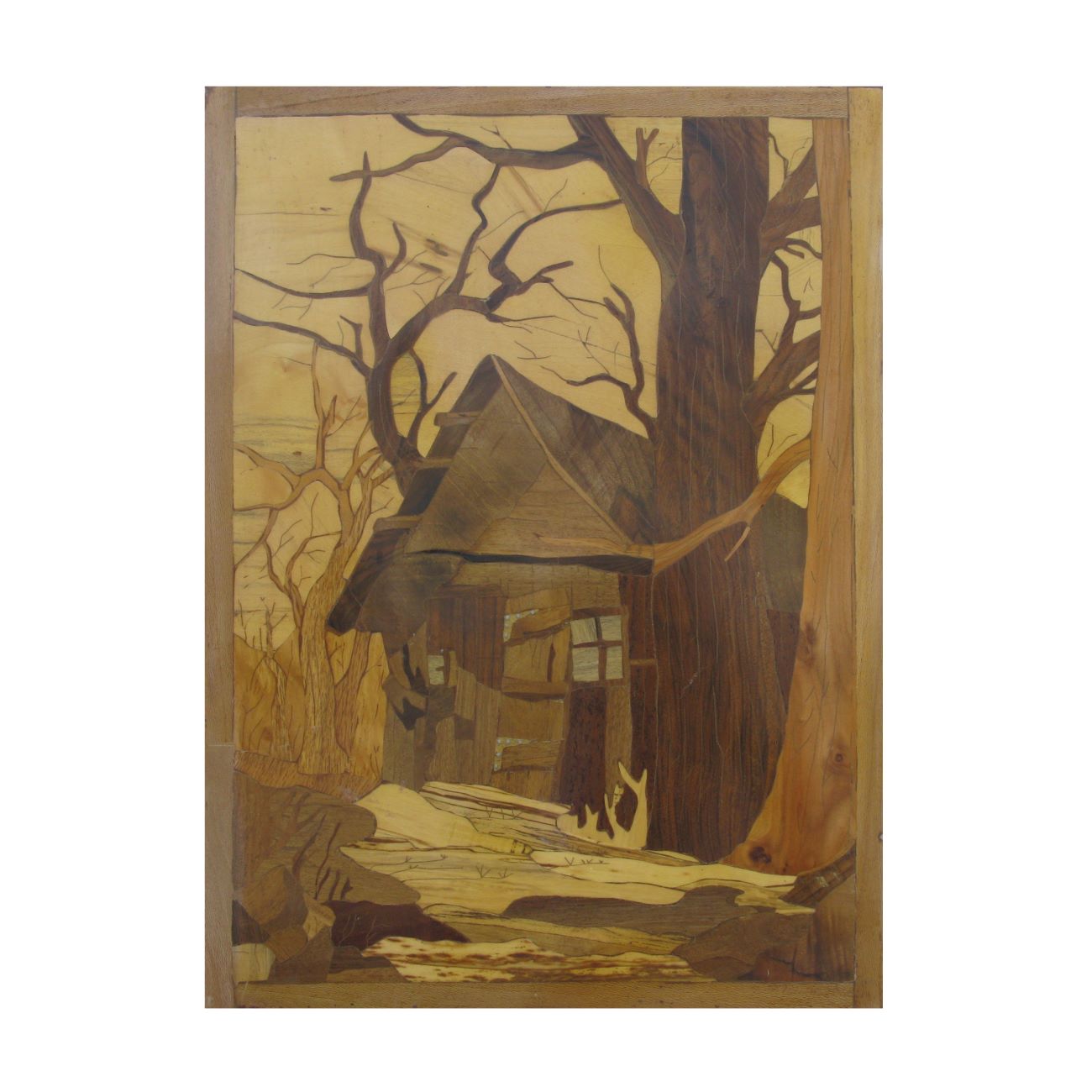 Price and Buy Marquetry Artwork of an Abandoned Cottage – Handmade Wall Art - Image 1