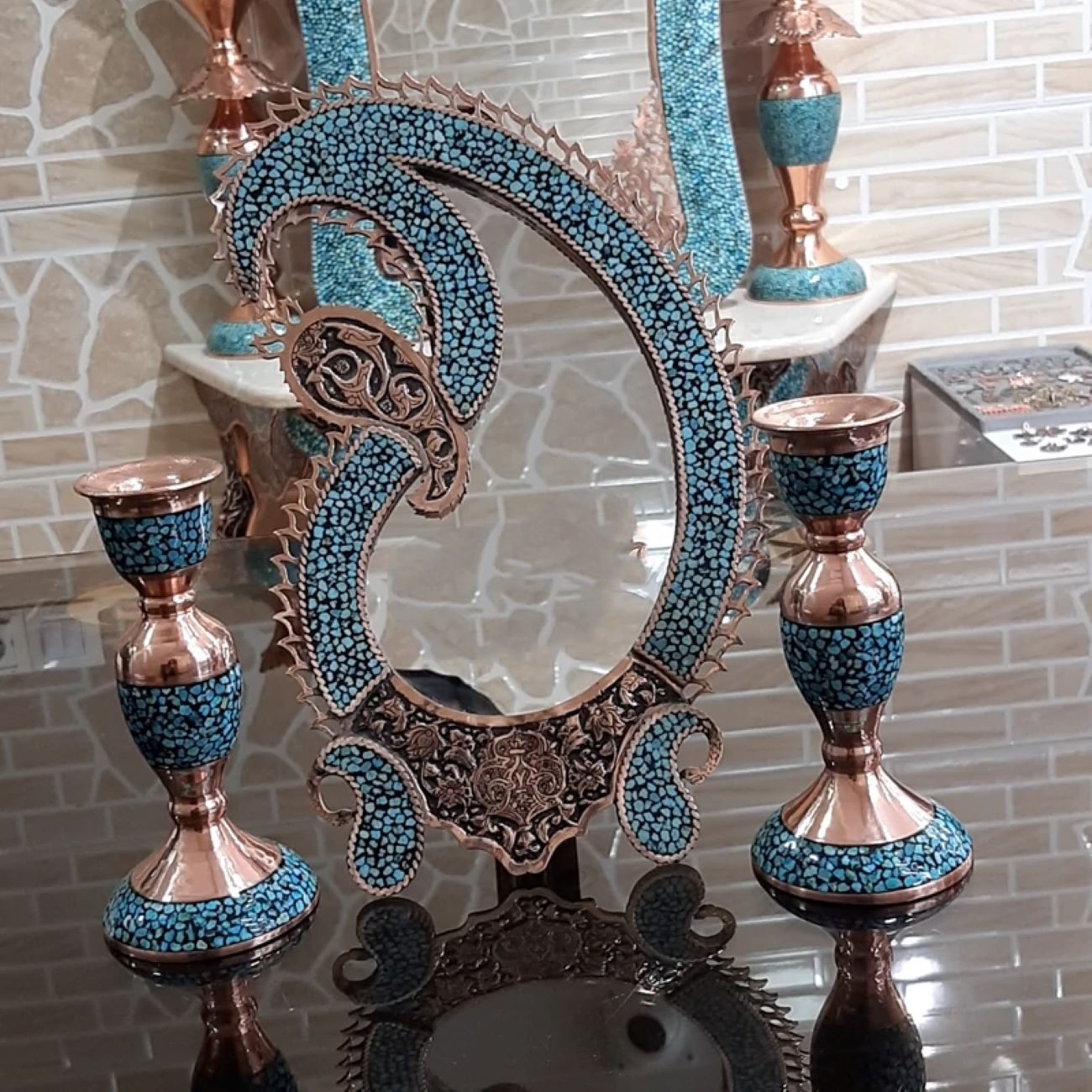 Price and Buy Medium-Sized Turquoise Inlay Mirror and Candle Holder Set – Paransa Brand_690305fa50dec.jpeg Price and Buy Medium-Sized Turquoise Inlay Mirror and Candle Holder Set – Paransa Brand - Image 1