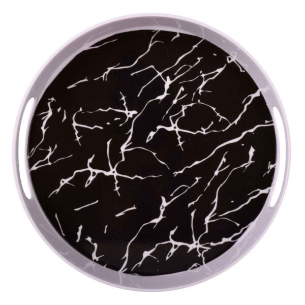 Price and Buy Melamine Serving Tray Round Shape with Handle Black Marble Design_68fe56ee51c38.jpeg Price and Buy Melamine Serving Tray Round Shape with Handle Black Marble Design