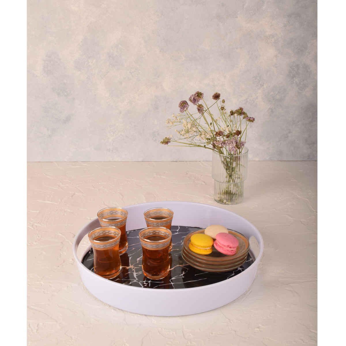 Price and Buy Melamine Serving Tray Round Shape with Handle Black Marble Design - Image 4