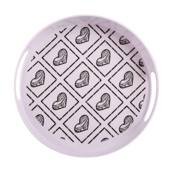 Price and Buy Melamine Serving Tray Round Shape with Handle Heart Design_68fe5664e3c47.jpeg Price and Buy Melamine Serving Tray Round Shape with Handle Heart Design