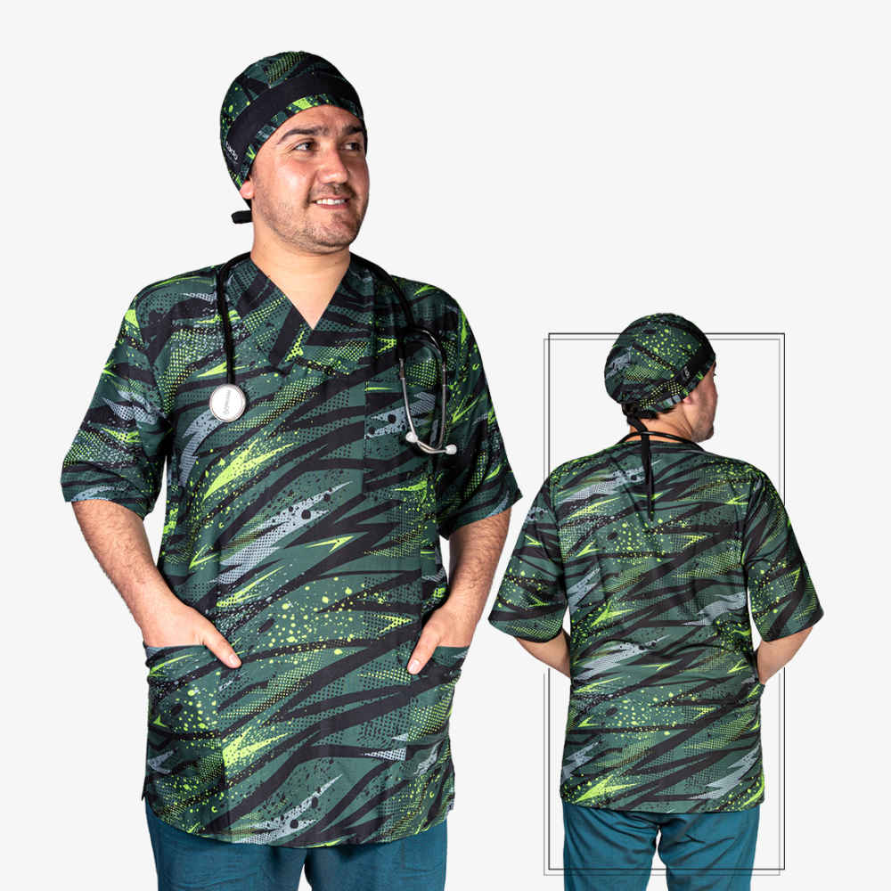 Price and Buy Men’s Green Medical Scrub Top & Cap Set – Vibrant & Durable - Image 3