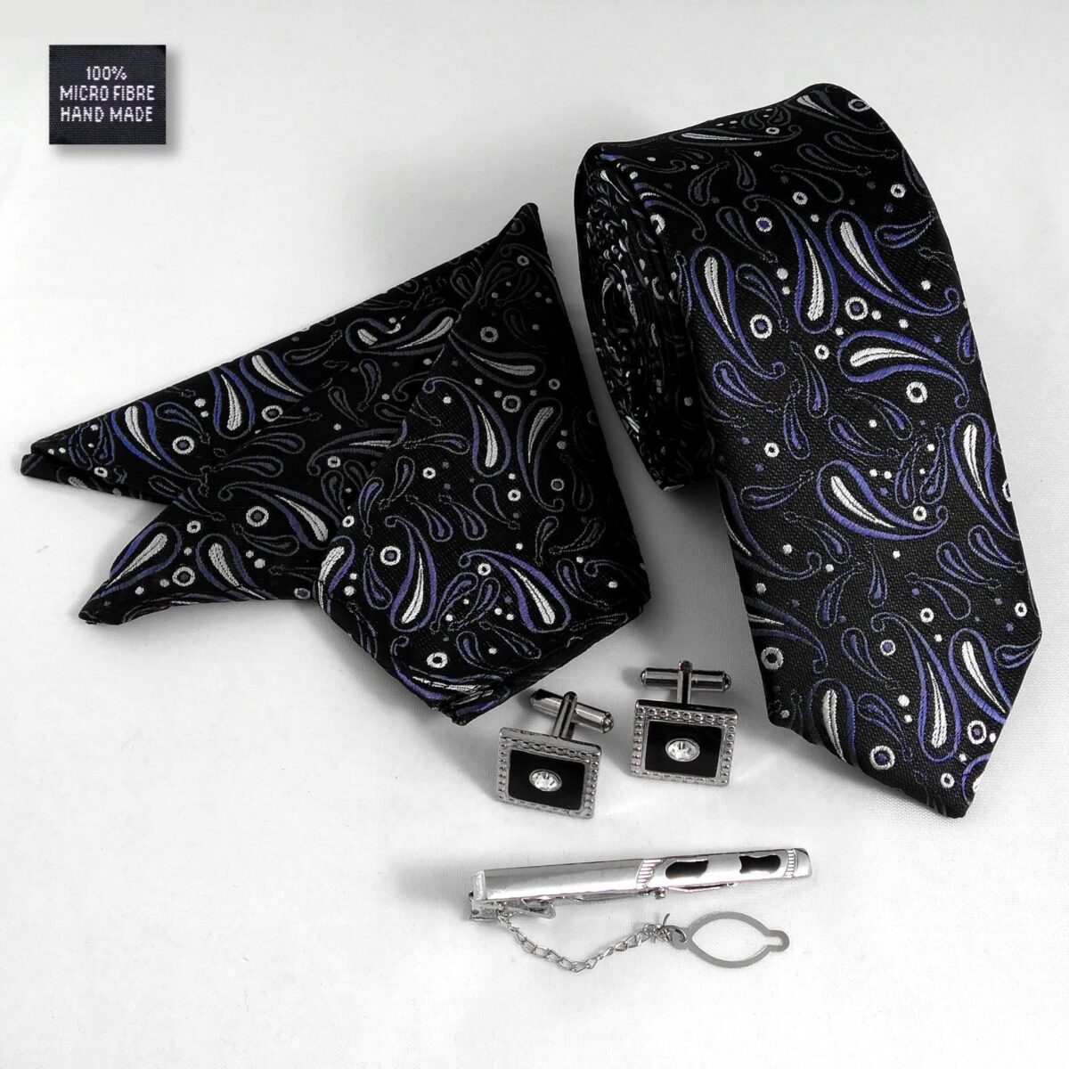 Price and Buy Men’s Tie, Handkerchief & Cufflinks Neckwear Set – Luxurious Black - Image 3