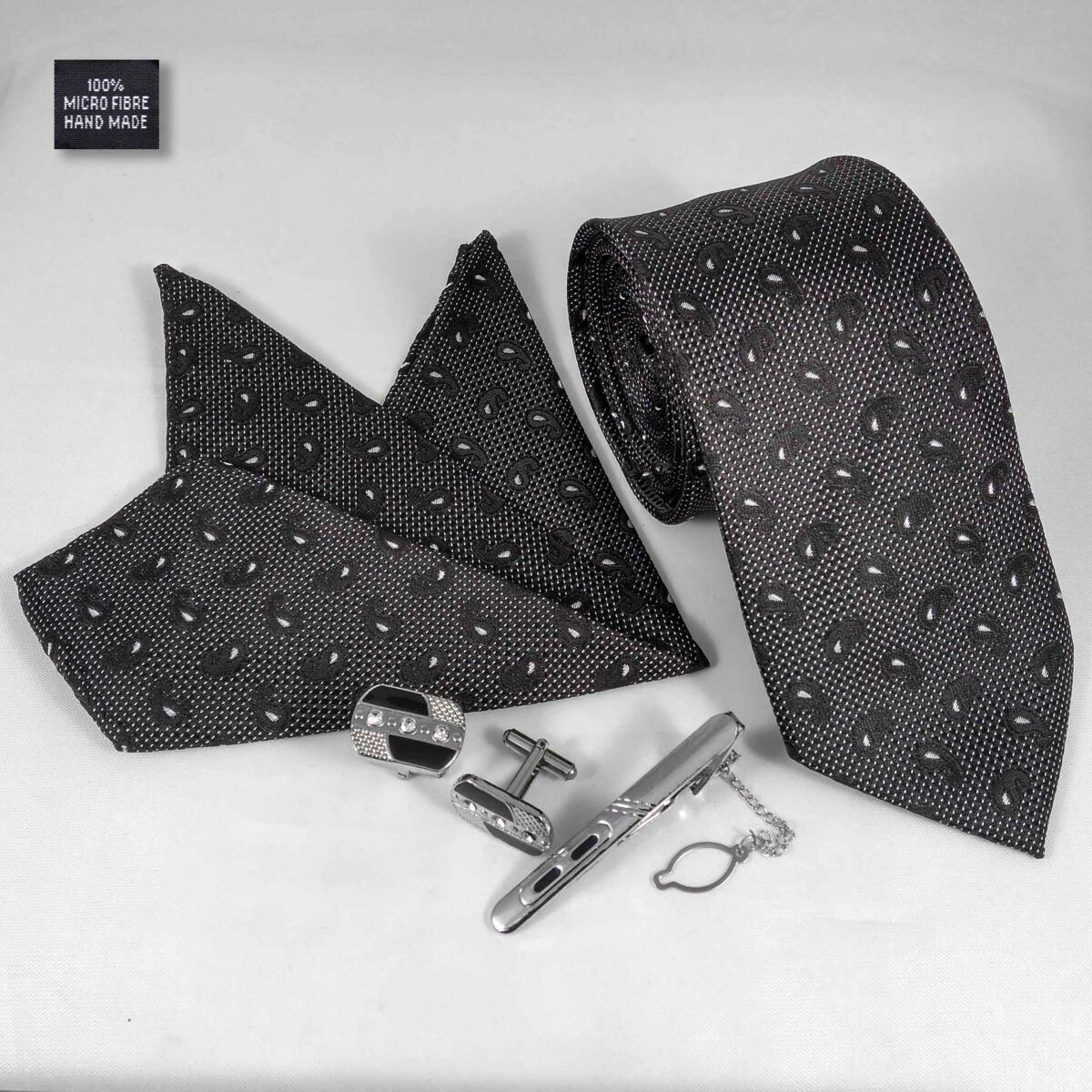 Price and Buy Men’s Tie, Handkerchief & Cufflinks Neckwear Set – Luxurious Black - Image 3