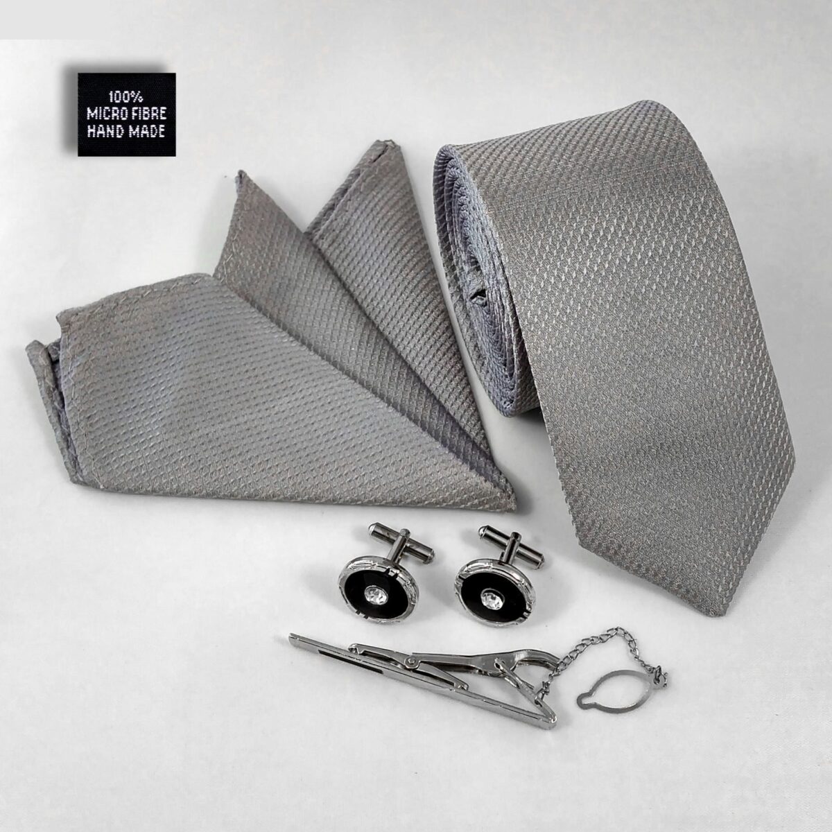 Price and Buy Men’s Tie, Handkerchief & Cufflinks Neckwear Set – Luxurious Gray - Image 4