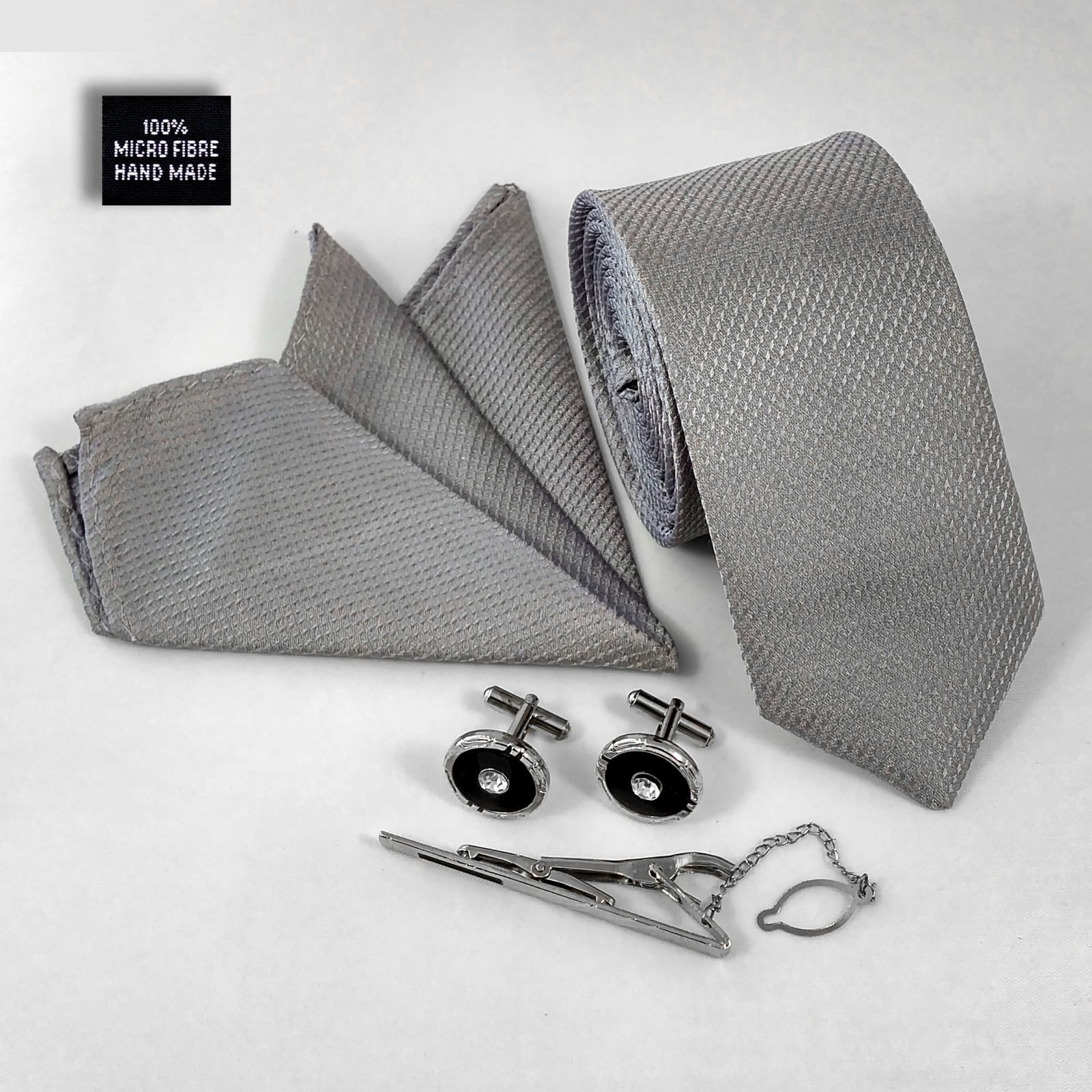 Price and Buy Men’s Tie, Handkerchief & Cufflinks Neckwear Set – Luxurious Gray - Image 4