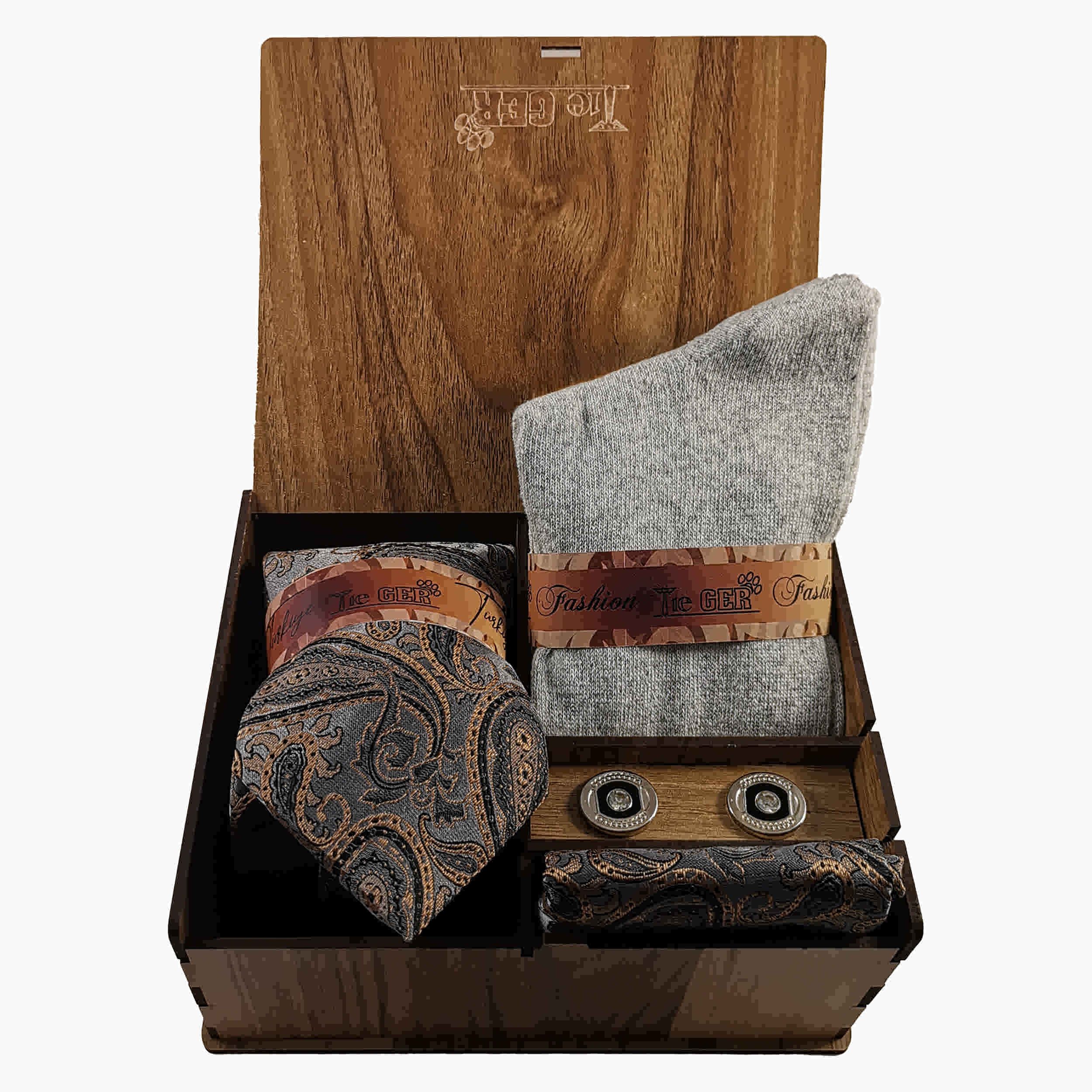 Price and Buy Men’s Tie Set with Pocket Square, Cufflinks, and Socks with Paisley Design in Gray