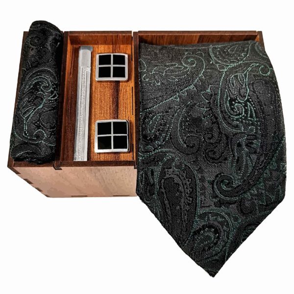 Price and Buy Men’s Tie Set with Pocket Square, Cufflinks, and Tie Clip with Paisley Design in Dark Green_6901c5ae40a9a.jpeg Price and Buy Men’s Tie Set with Pocket Square, Cufflinks, and Tie Clip with Paisley Design in Dark Green