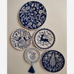 Price and Buy Navy Blue Traditional Design Pottery Wall Plates with Hangers – Set of 5