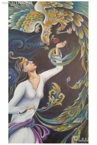 Price and Buy Original Persian Miniature Art Painting: Acrylic on Cardboard – Girl and Phoenix - Image 3