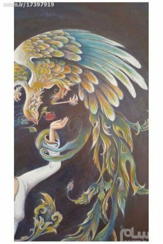 Price and Buy Original Persian Miniature Art Painting: Acrylic on Cardboard – Girl and Phoenix - Image 5