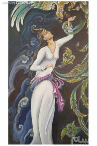 Price and Buy Original Persian Miniature Art Painting: Acrylic on Cardboard – Girl and Phoenix - Image 6