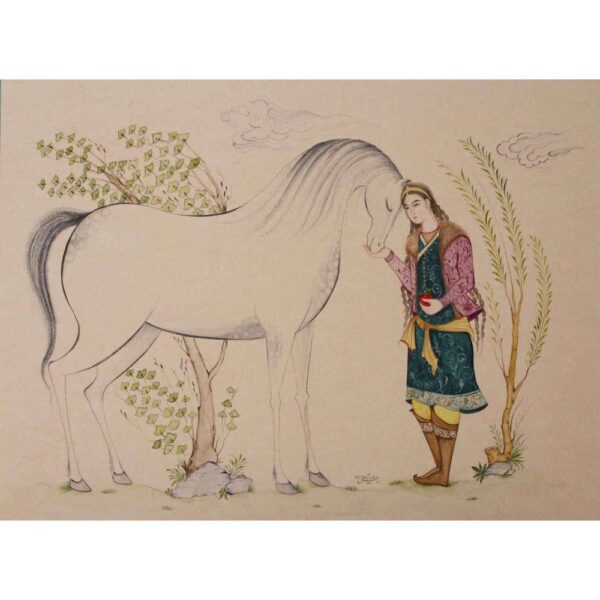 Price and Buy Original Persian Miniature Art Painting: Watercolor and Gouache on Cardboard – Boy and Horse_68f278cbbf482.jpeg Price and Buy Original Persian Miniature Art Painting: Watercolor and Gouache on Cardboard – Boy and Horse