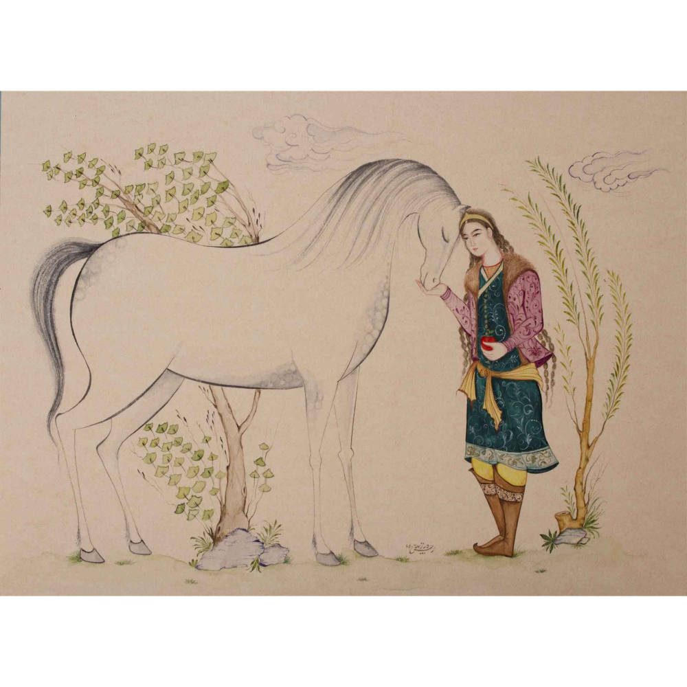 Price and Buy Original Persian Miniature Art Painting: Watercolor and Gouache on Cardboard – Boy and Horse