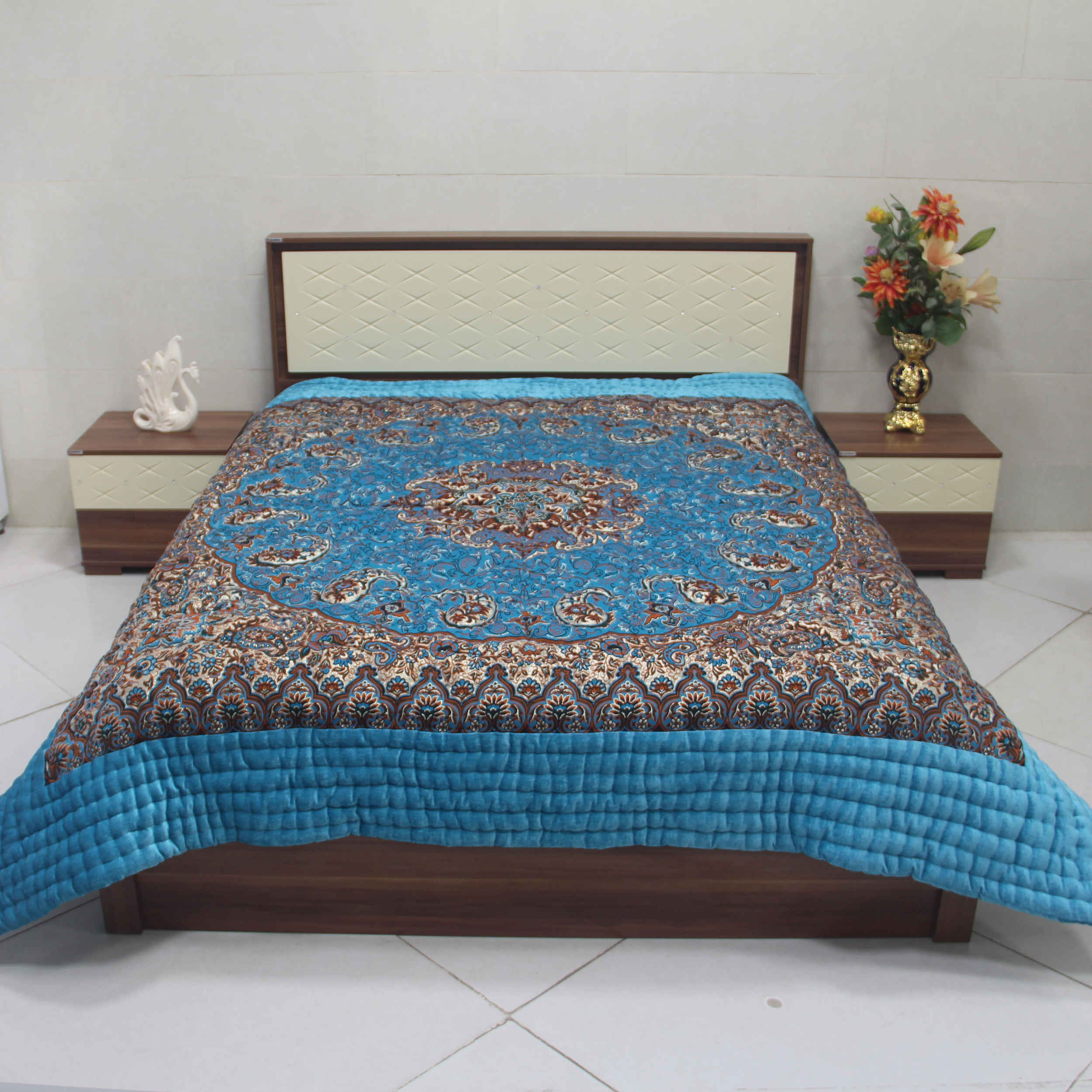 Price and Buy Persian Bedspread Set – Oriental Style Double Size with Termeh Fabric – Blue Kaveh