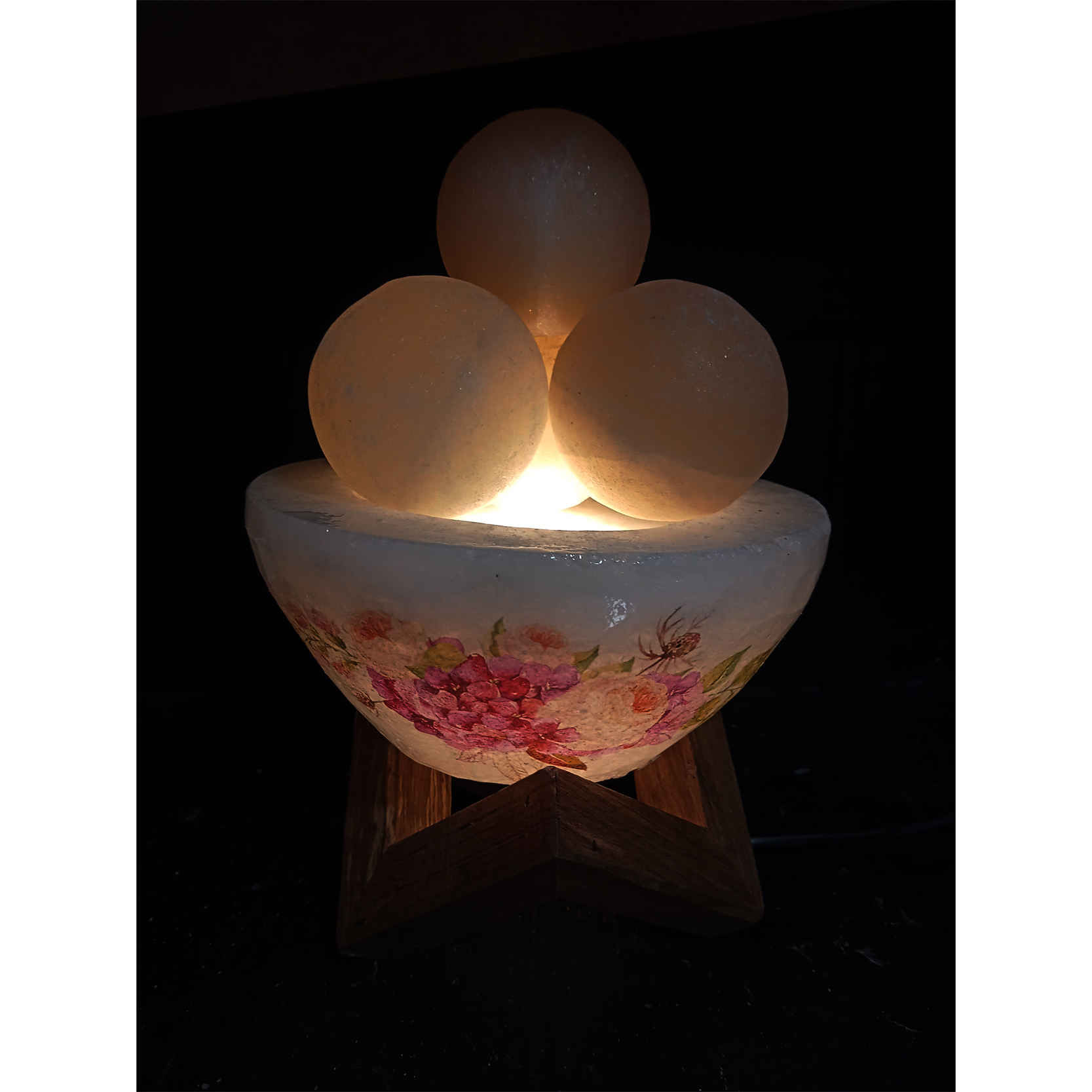 Price and Buy Persian Bowl Salt Lamp – Floral Model with Round Salt Chunks & Wooden Base - Image 3