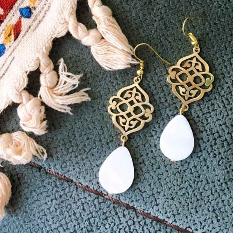 Price and Buy Persian Brass Earrings with White Agate