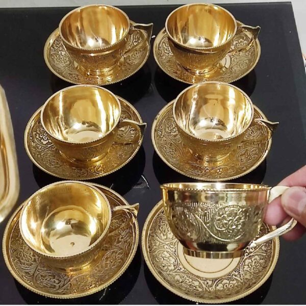 Price and Buy Persian Brass Teacup & Saucer Set with Floral Design in Golden (X6)