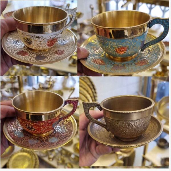 Price and Buy Persian Brass Teacup & Saucer Set with Minakari Design (x6)