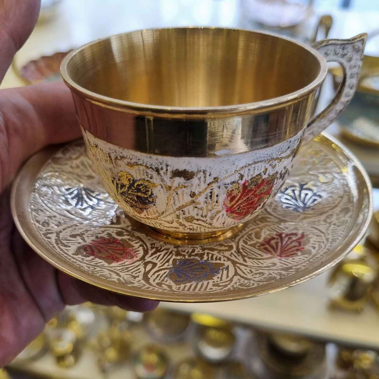 Price and Buy Persian Brass Teacup & Saucer Set with Minakari Design (x6) - Image 4