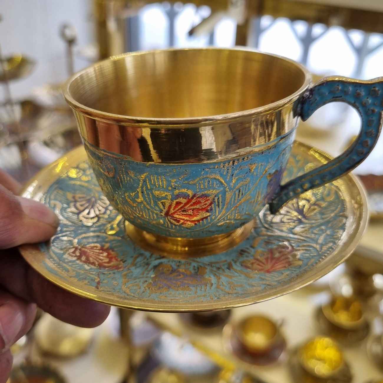 Price and Buy Persian Brass Teacup & Saucer Set with Minakari Design (x6) - Image 6