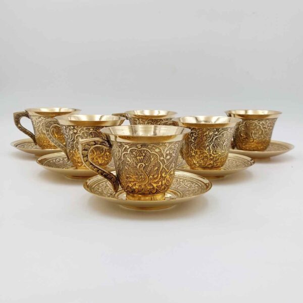 Price and Buy Persian Brass Teacup & Saucer Set with Peacock Design in Golden (X6)