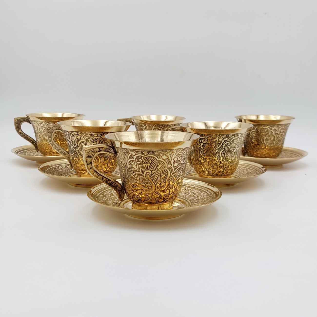 Price and Buy Persian Brass Teacup & Saucer Set with Peacock Design in Golden (X6)
