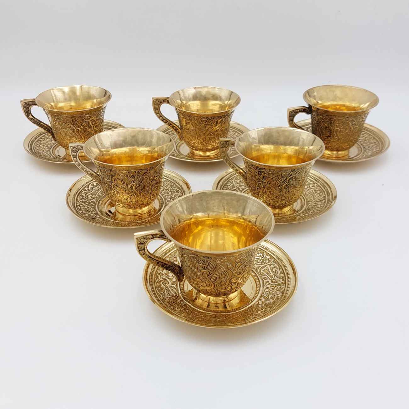 Price and Buy Persian Brass Teacup & Saucer Set with Peacock Design in Golden (X6) - Image 3