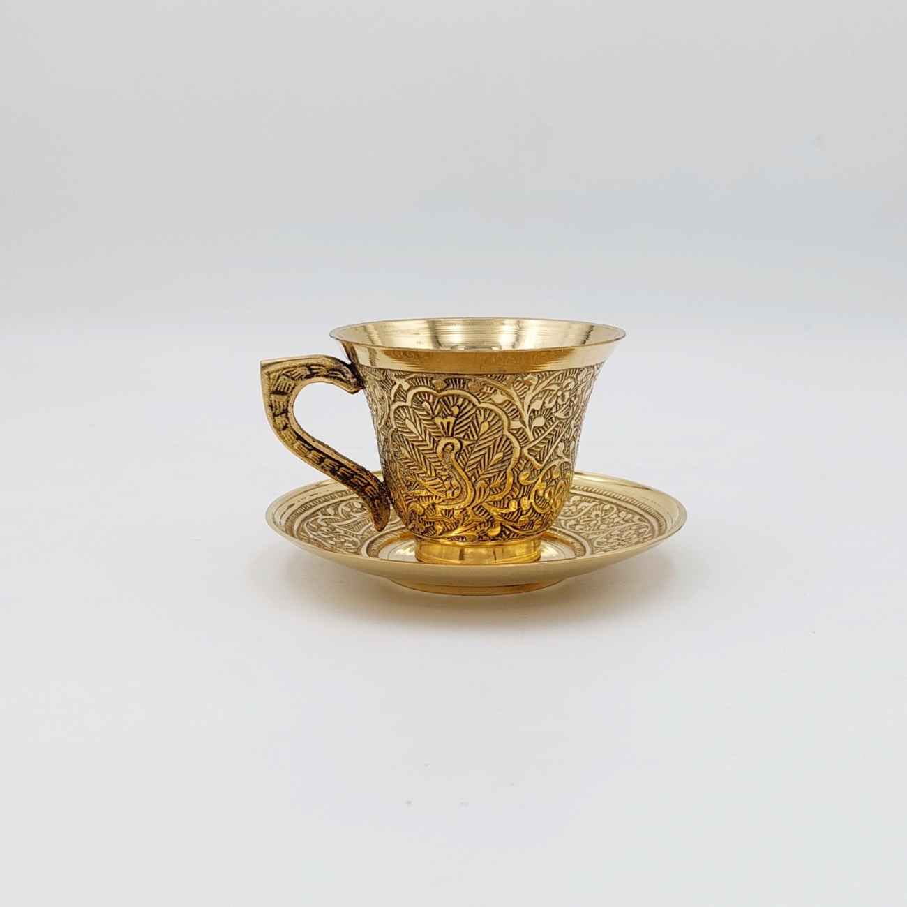 Price and Buy Persian Brass Teacup & Saucer Set with Peacock Design in Golden (X6) - Image 4