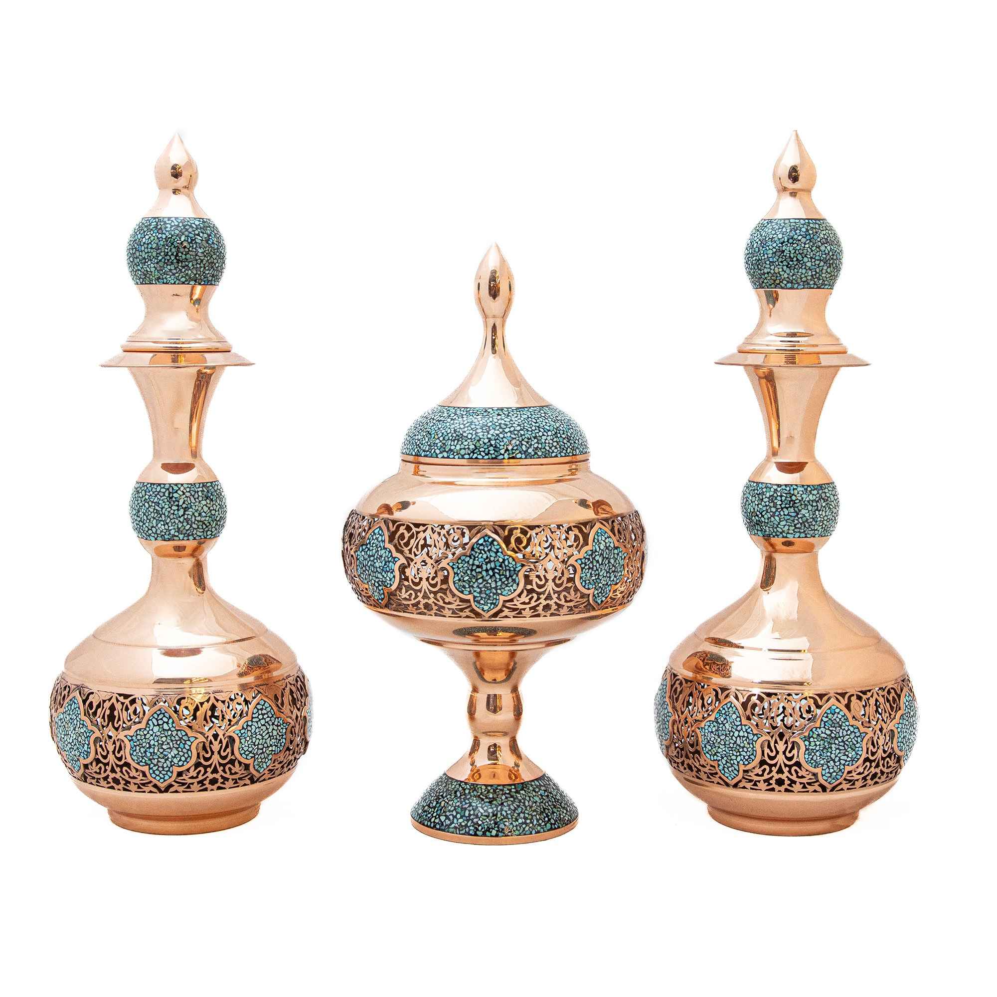 Price and Buy Persian Decorative Copper Bottle & Chocolate Bowl Set with Turquoise Inlay Design