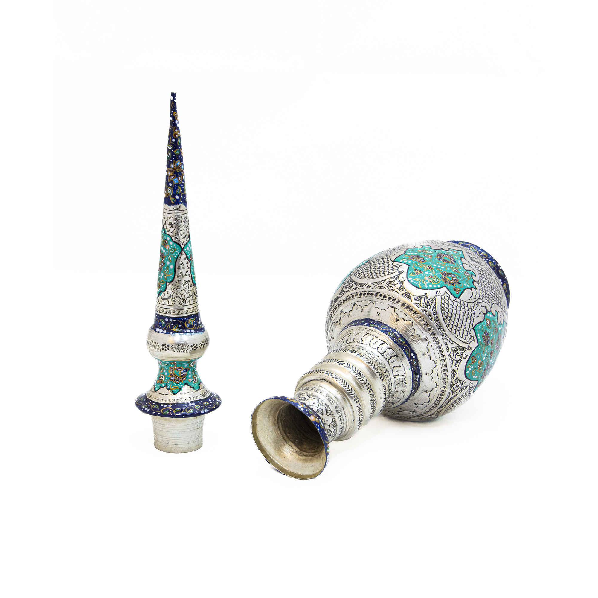 Price and Buy Persian Decorative Copper Bottle – Silver Plating & Illuminated Design Pack of 2 - Image 3