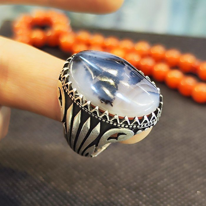 Price and Buy Persian Dendritic Agate Shajar Silver Ring for Men Fatima - Image 5