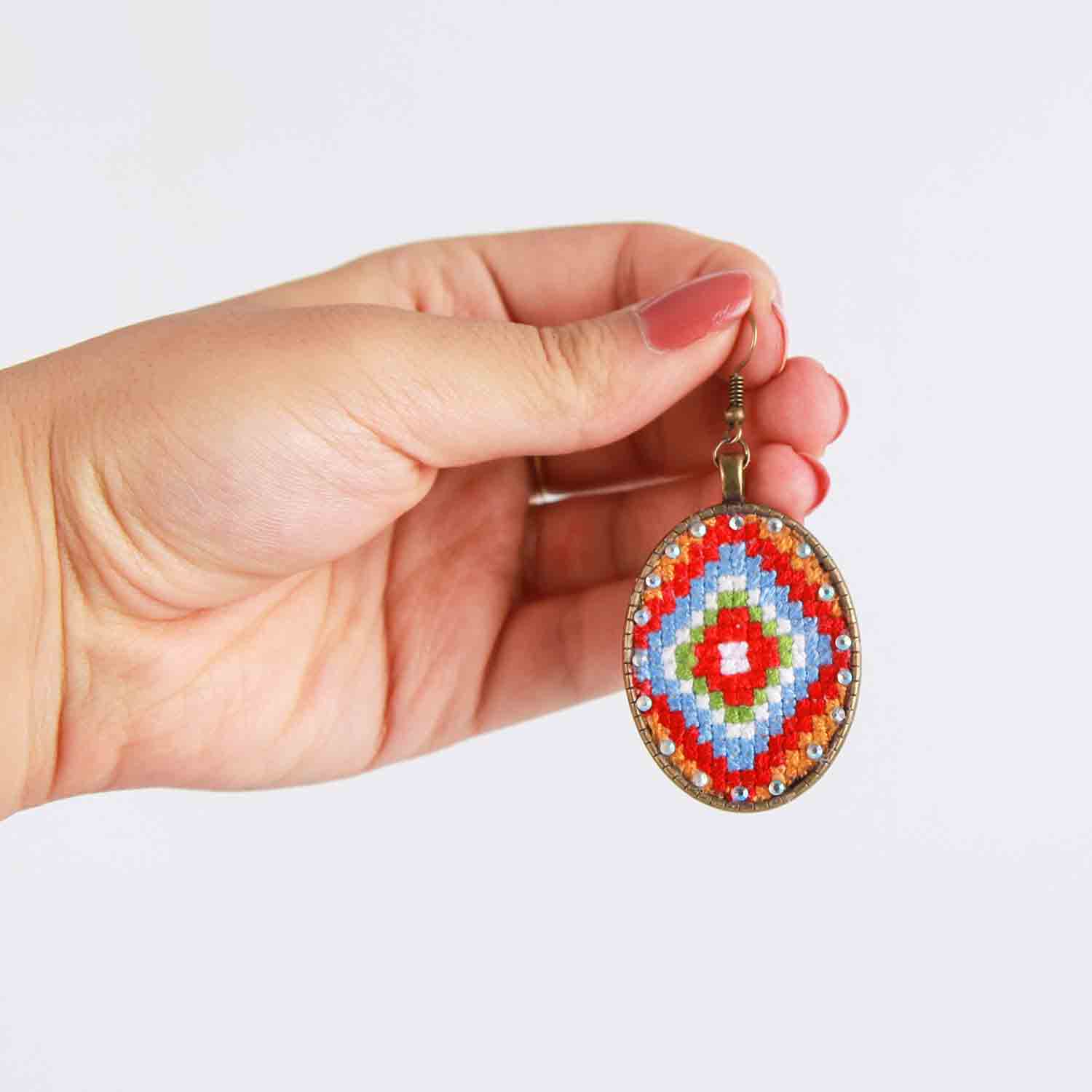 Price and Buy Persian Embroidered Earrings Balochi Traditional Suzani Red Flowers - Image 4