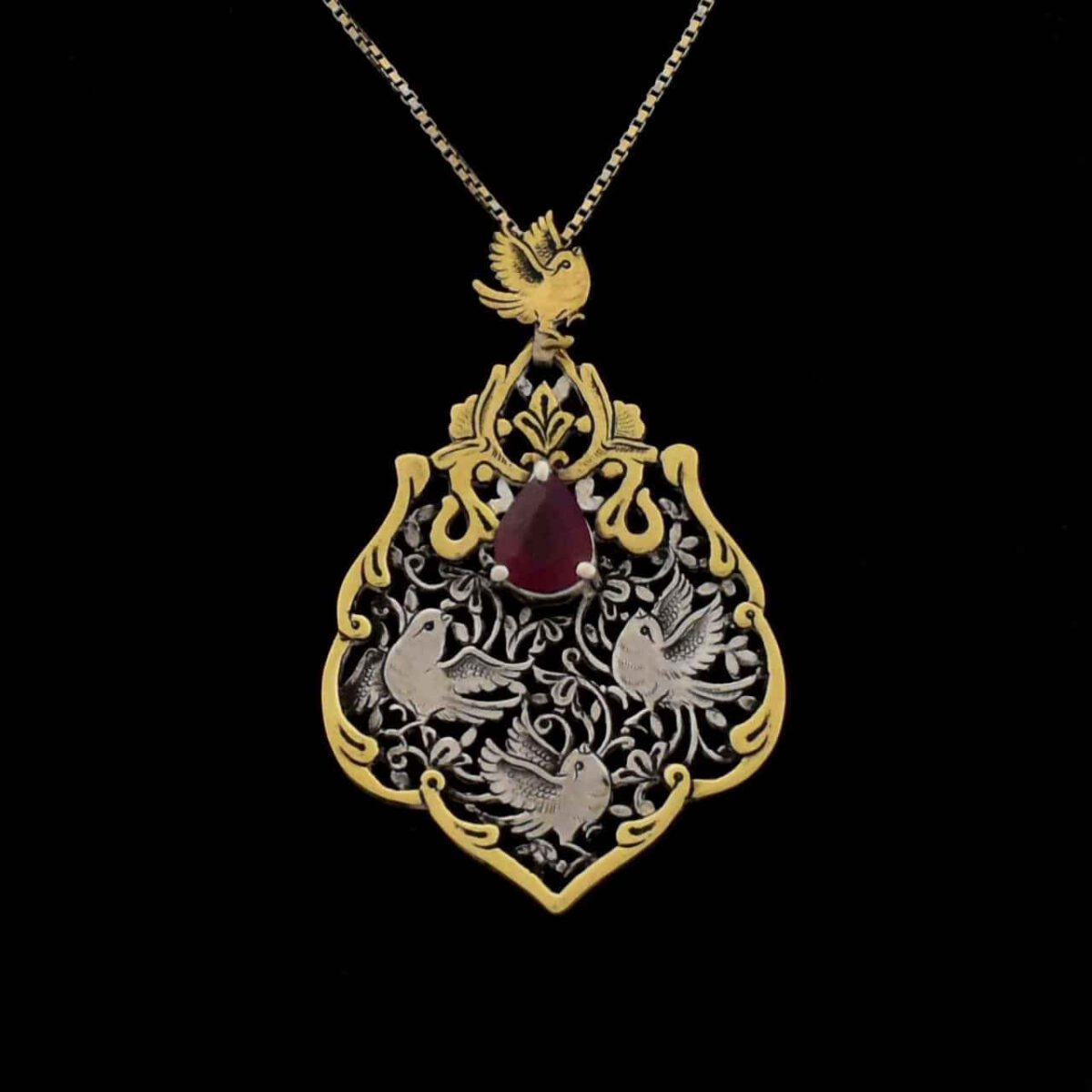 Price and Buy Persian Engraved Silver & Bras Pendant with Roby Gemstone