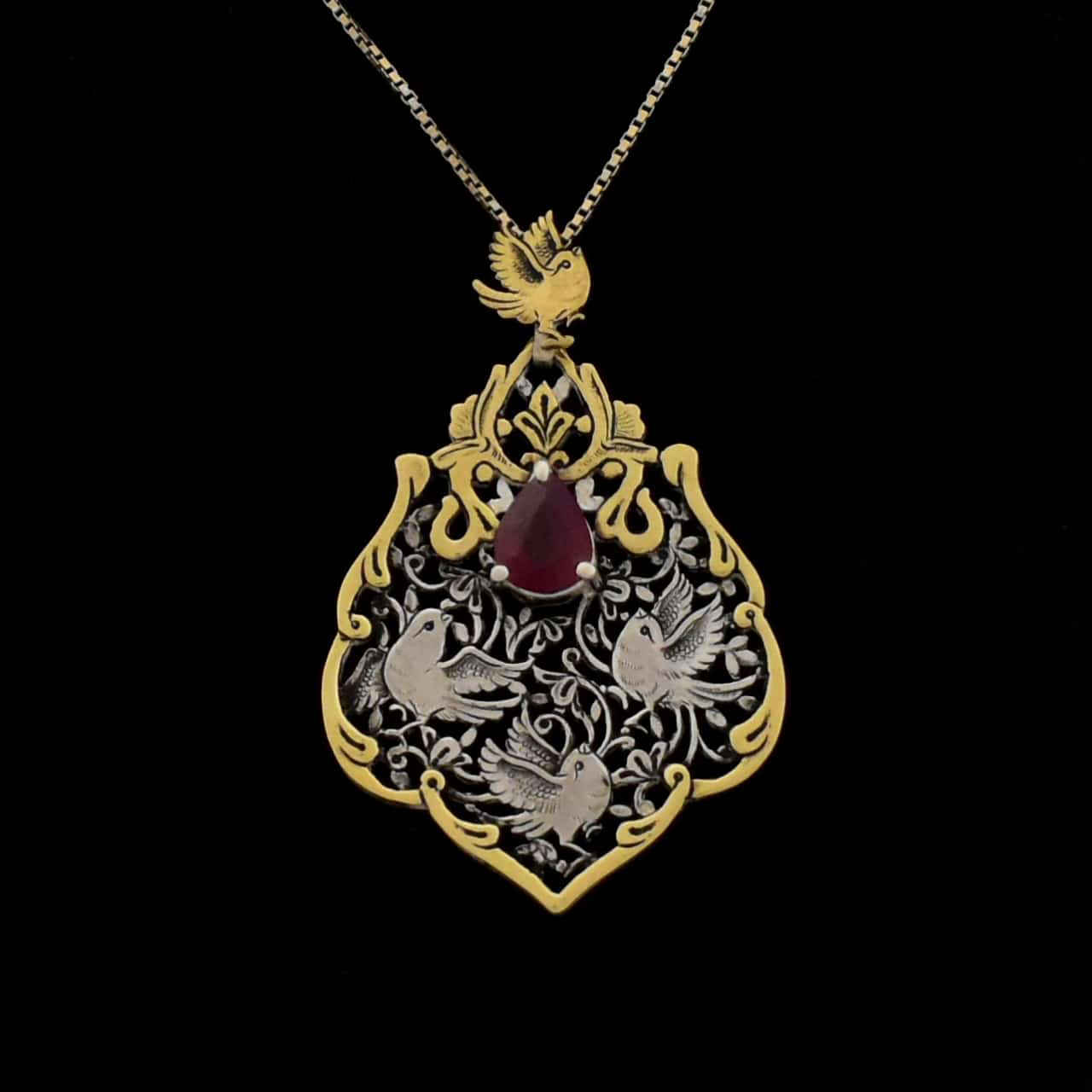 Price and Buy Persian Engraved Silver & Bras Pendant with Roby Gemstone