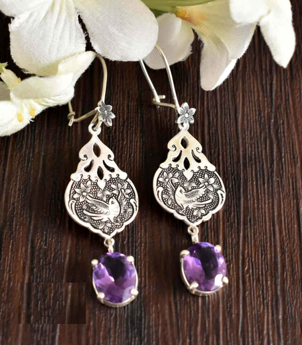 Price and Buy Persian Engraved Silver Earrings with Amethyst Gemstone