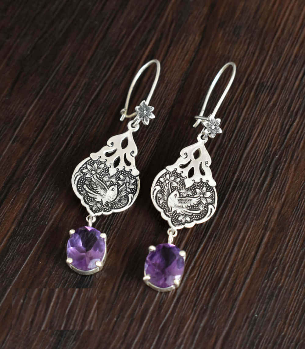 Price and Buy Persian Engraved Silver Earrings with Amethyst Gemstone - Image 3