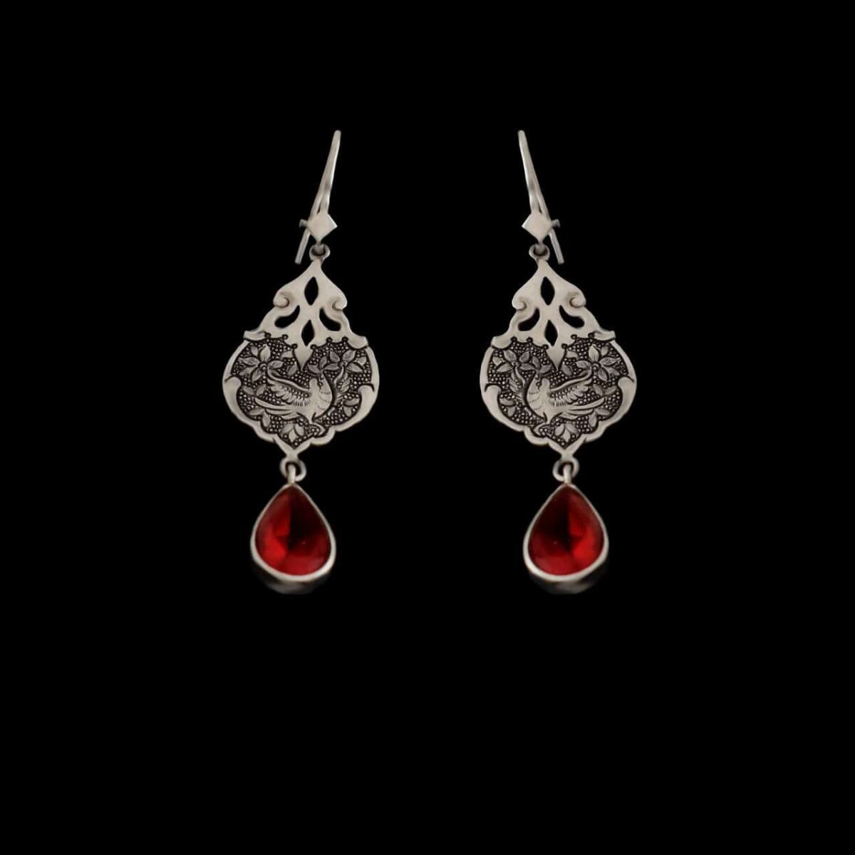 Price and Buy Persian Engraved Silver Earrings with Ruby Gemstone