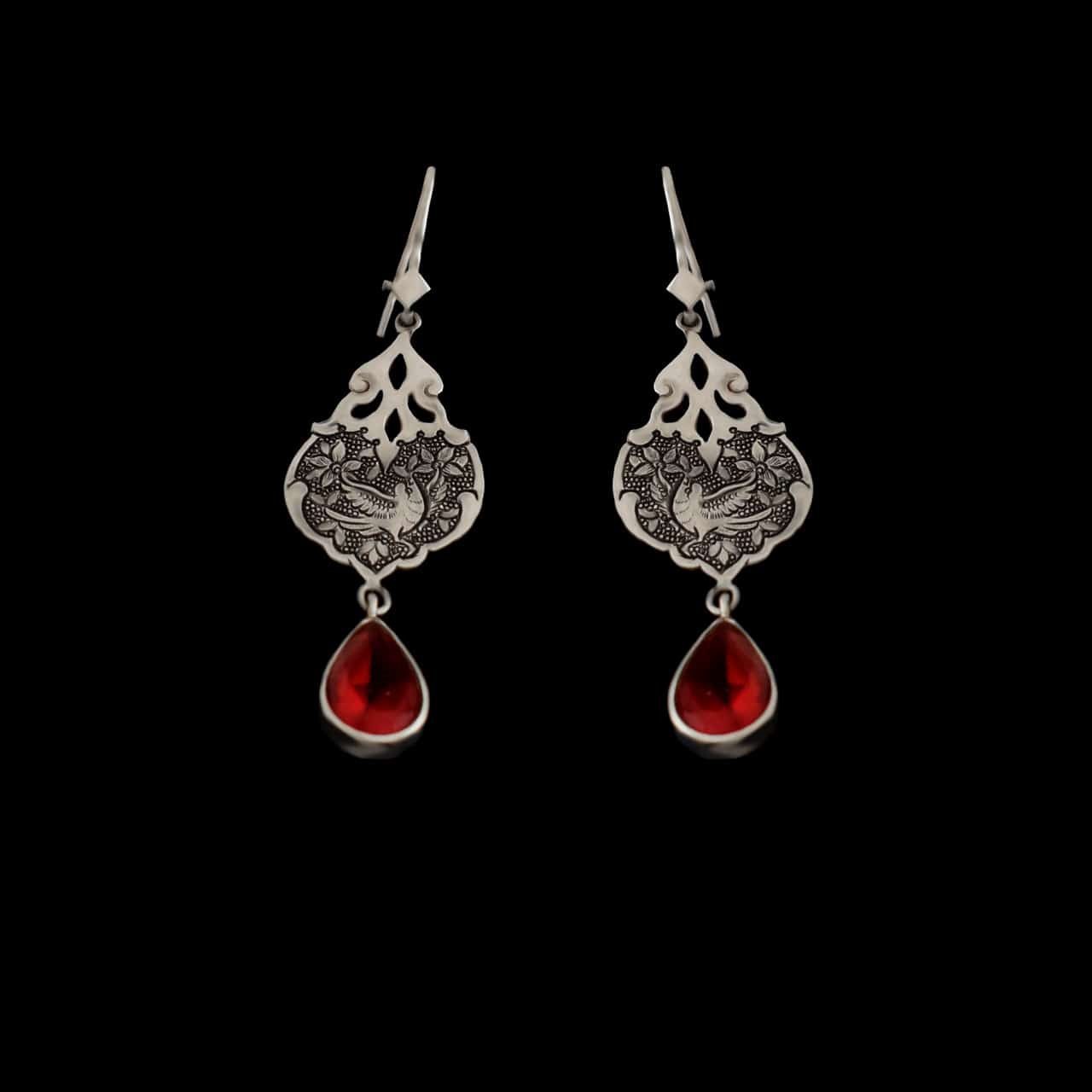 Price and Buy Persian Engraved Silver Earrings with Ruby Gemstone