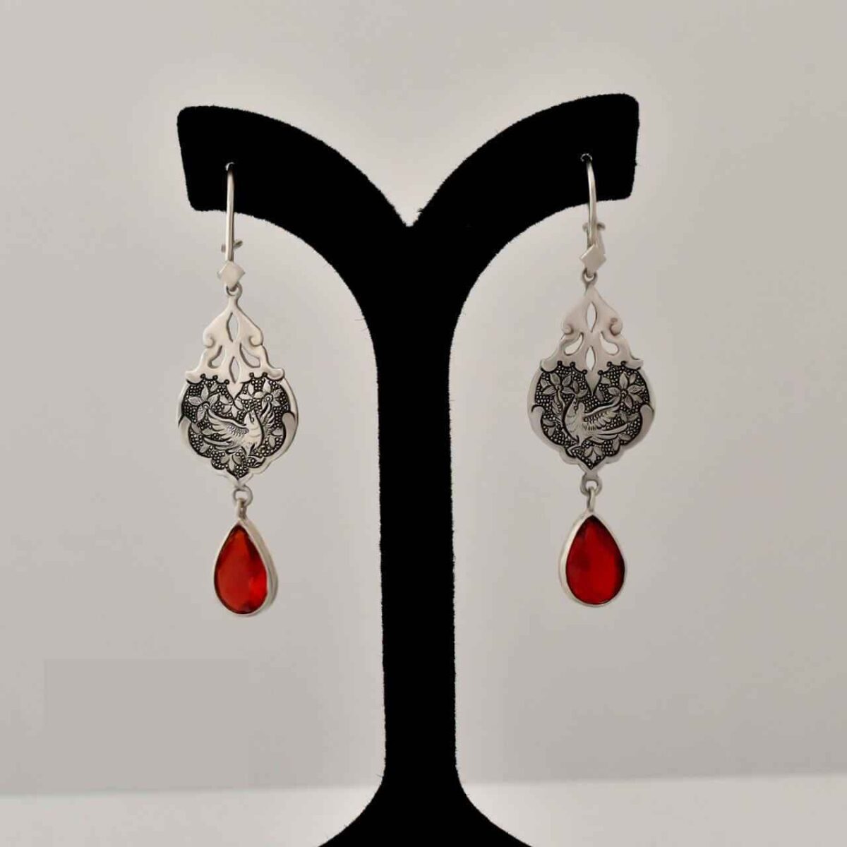 Price and Buy Persian Engraved Silver Earrings with Ruby Gemstone - Image 3