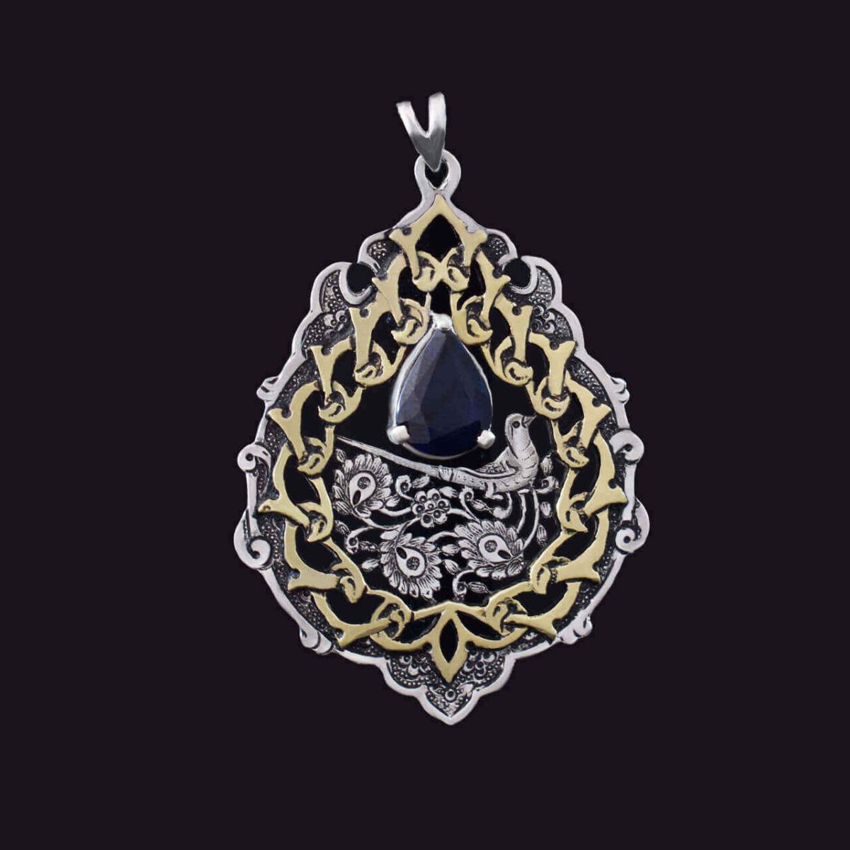 Price and Buy Persian Engraved Silver Pendant with Sapphire Gemstone