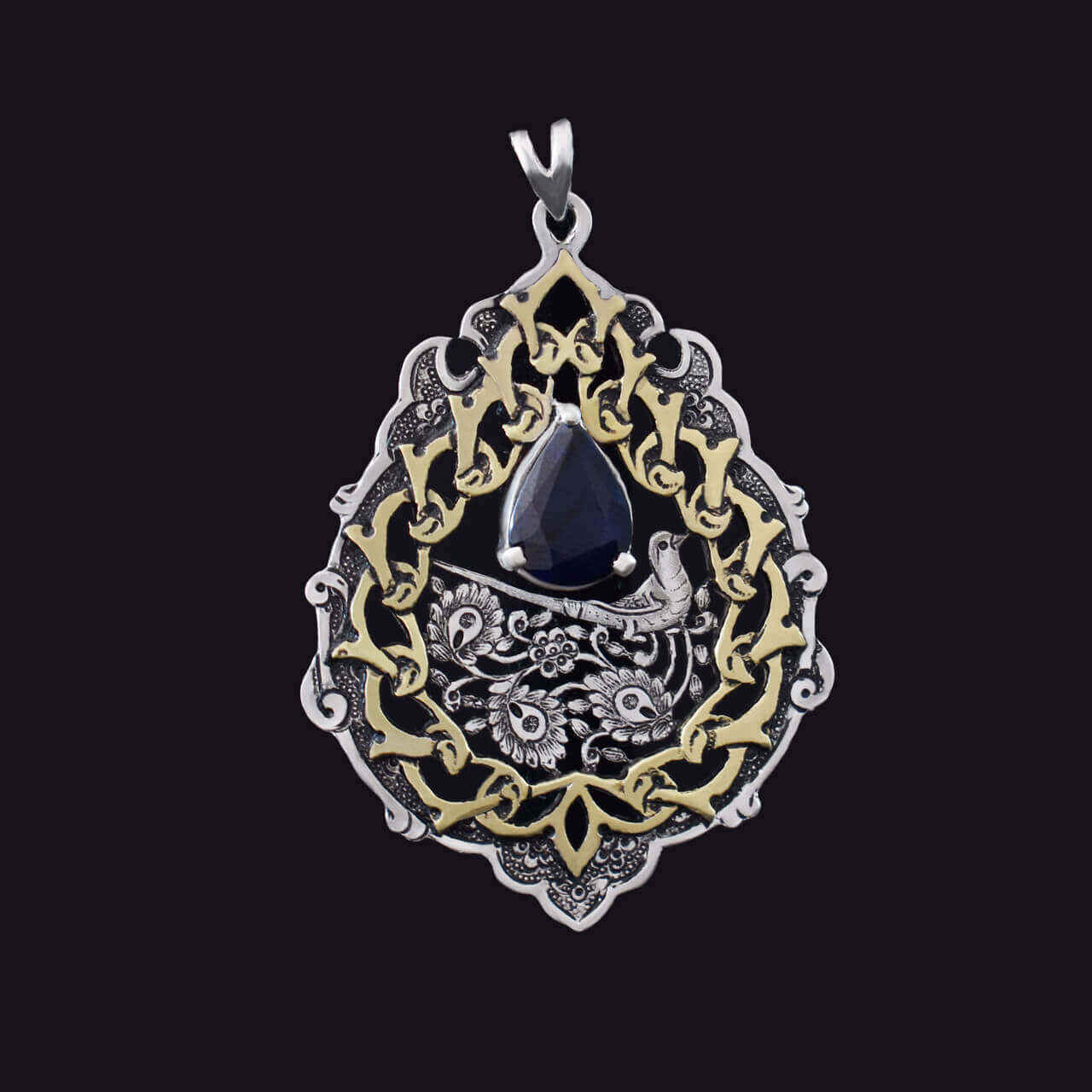 Price and Buy Persian Engraved Silver Pendant with Sapphire Gemstone