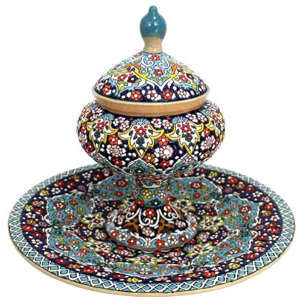 Price and Buy Persian Footed Sugar Bowl Minakari with Plate in Floral Design
