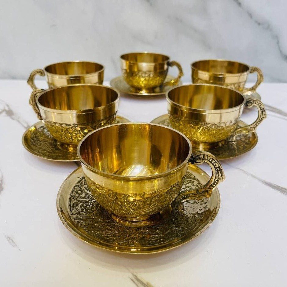 Price and Buy Persian High-Quality Brass Teacup & Saucer Set with Peacock Design (x6)