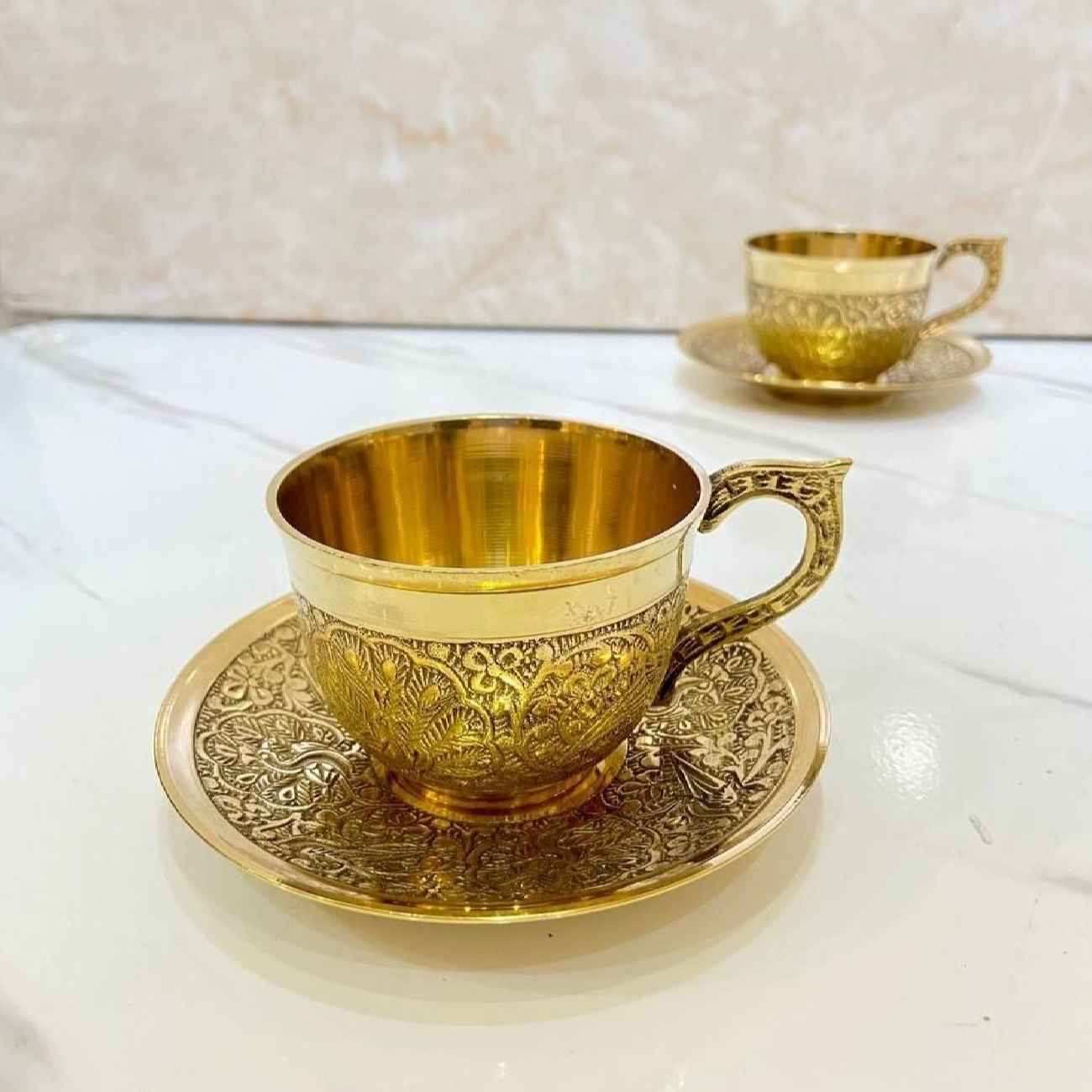 Price and Buy Persian High-Quality Brass Teacup & Saucer Set with Peacock Design (x6) - Image 3