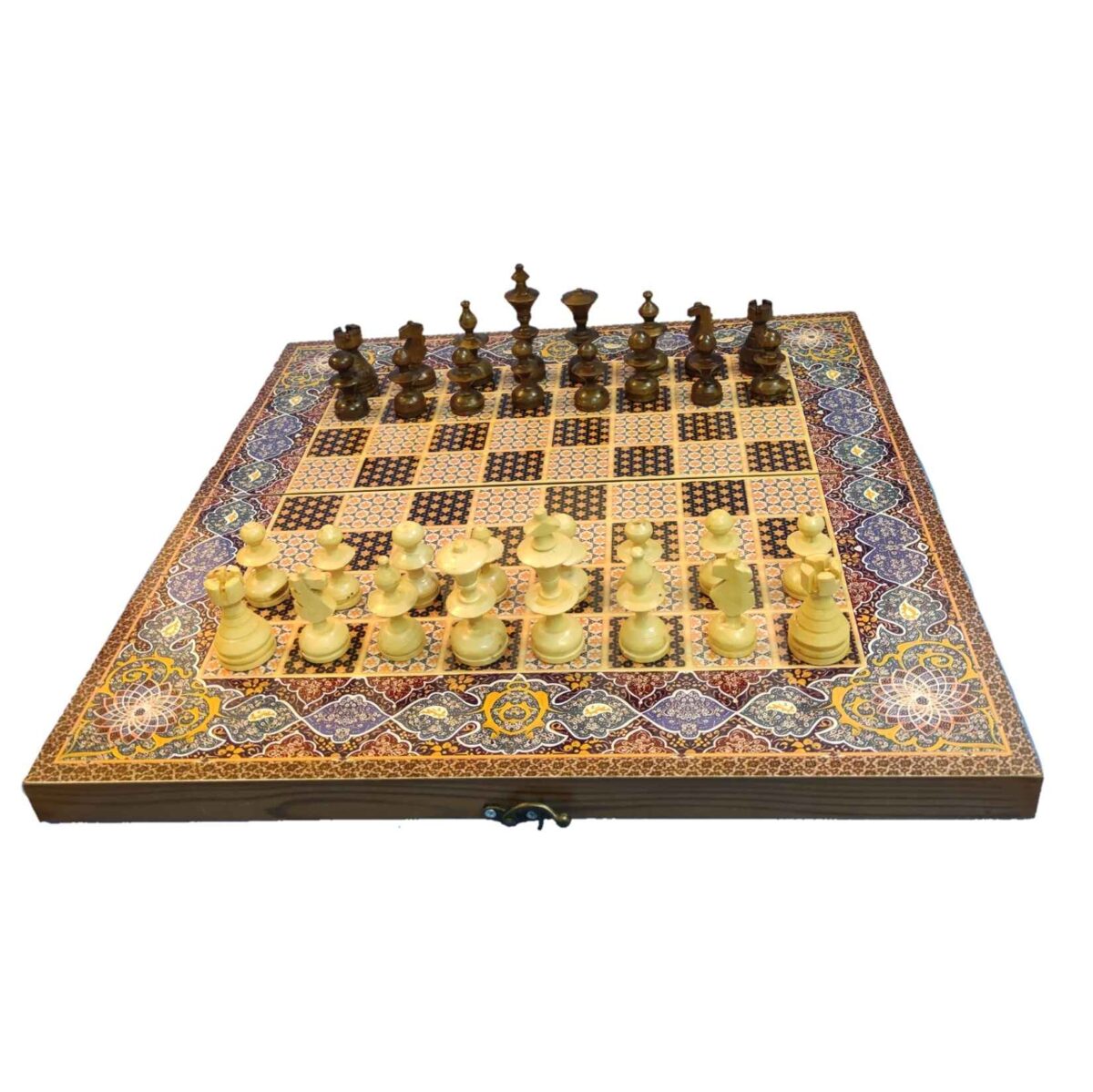 Price and Buy Persian Inlaid Wooden Marquetry Chess Board with 32 Pieces & Traditional Design