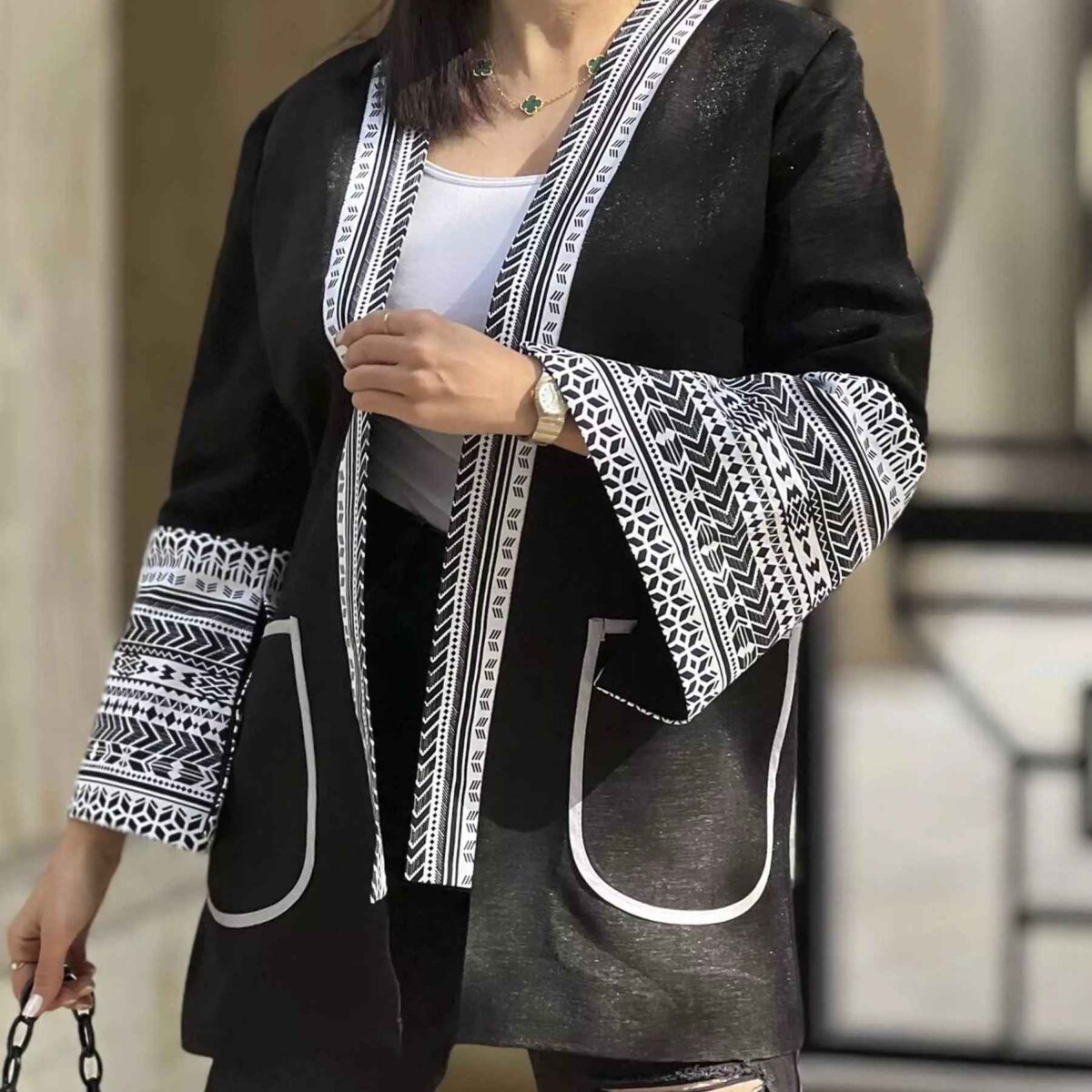 Price and Buy Persian Manto Black & White with Front Pockets for Women - Image 5