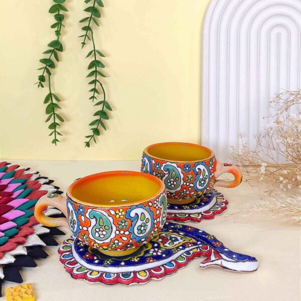 Price and Buy Persian Minakari Handcraft Pottery Teacup with Termeh Saucer (Enameled Design)