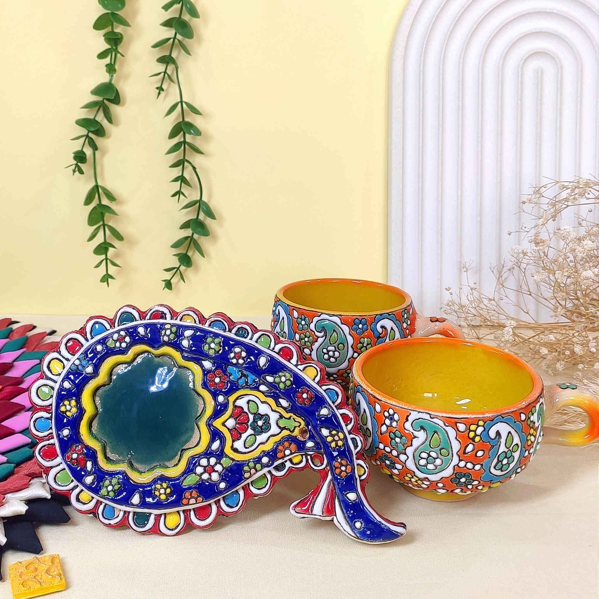 Price and Buy Persian Minakari Handcraft Pottery Teacup with Termeh Saucer (Enameled Design) - Image 3